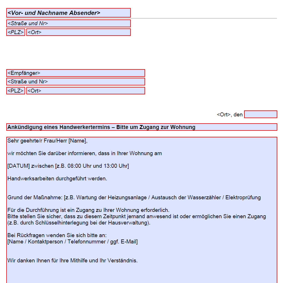 Ankündigungsschreiben Handwerkertermin 