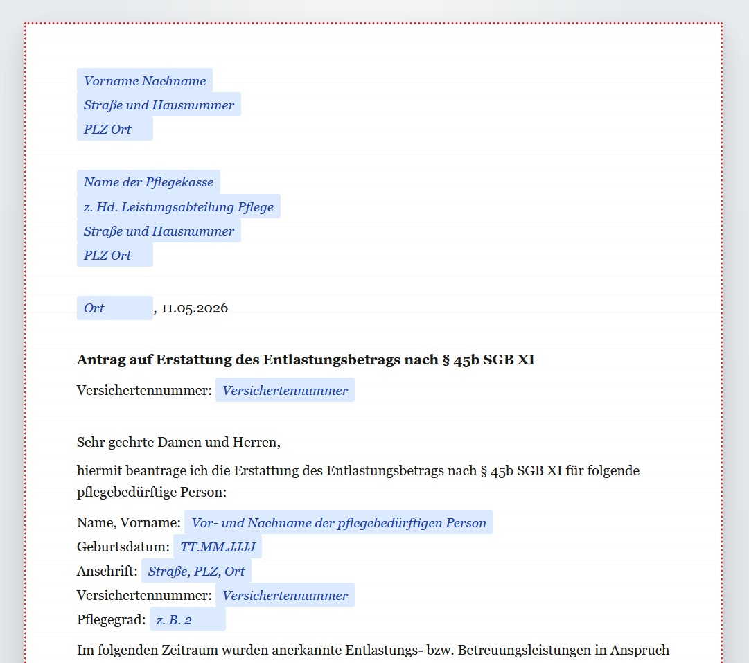 Antrag Entlastungsbetrag Pflege