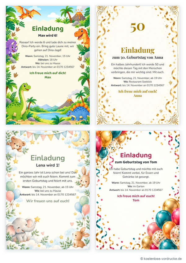 Einladungskarten gestalten: kostenlos und ohne Anmeldung – Vorschau der ausgefüllten Vorlage