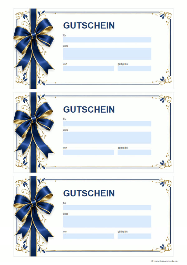 Gutschein-Vorlage für jeden Anlass zum Ausdrucken: drei Gutscheine mit blauer Schleife auf einer A4-Seite