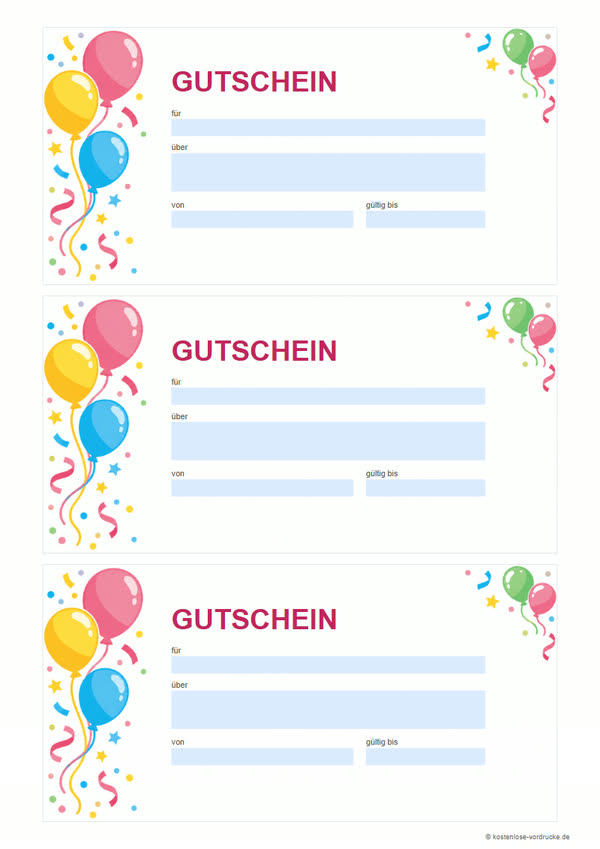 Gutschein-Vorlage Geburtstag zum Ausdrucken: drei Gutscheine mit Luftballons auf einer A4-Seite