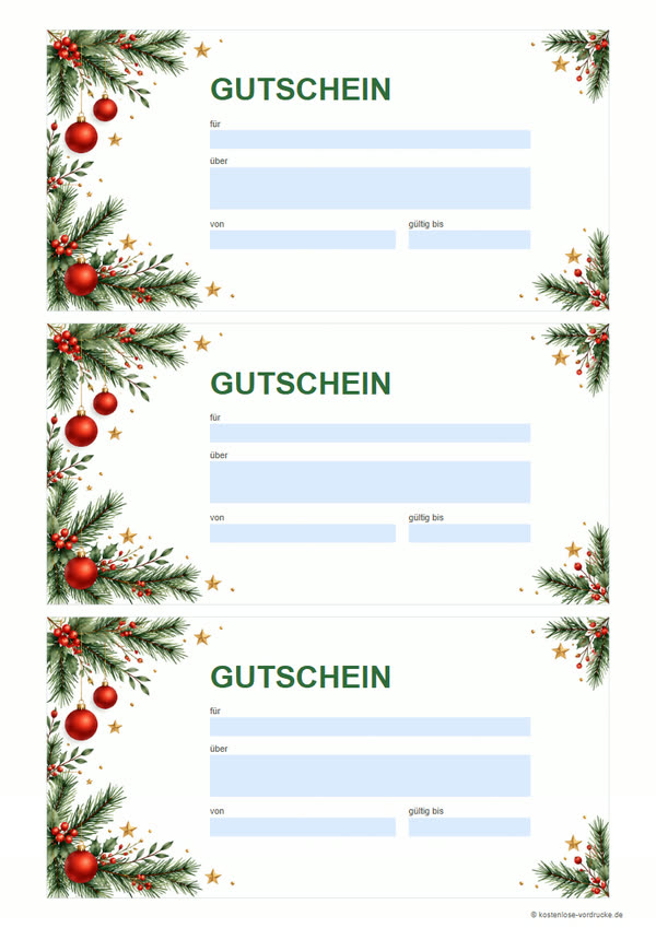 Gutschein-Vorlage Weihnachten zum Ausdrucken: drei Gutscheine mit Tannenzweigen auf einer A4-Seite