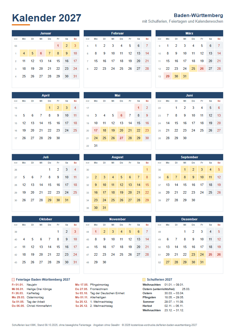 Kalender 2027 Baden-Württemberg mit Schulferien und Feiertagen zum Ausdrucken, Hochformat