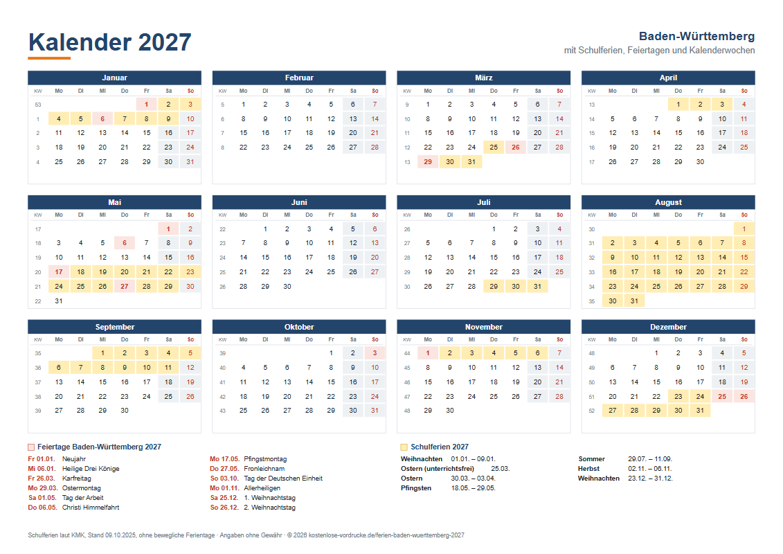 Kalender 2027 Baden-Württemberg mit Ferien, Querformat