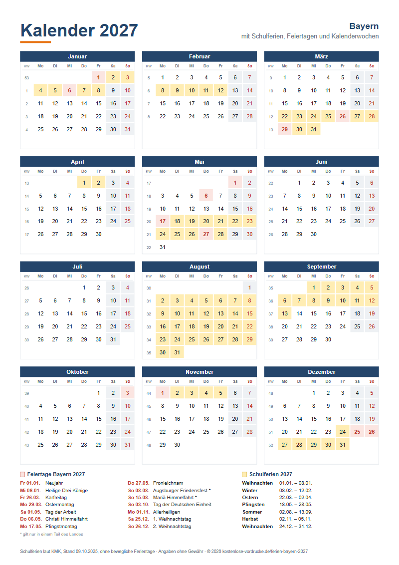 Kalender 2027 Bayern mit Schulferien und Feiertagen zum Ausdrucken, Hochformat