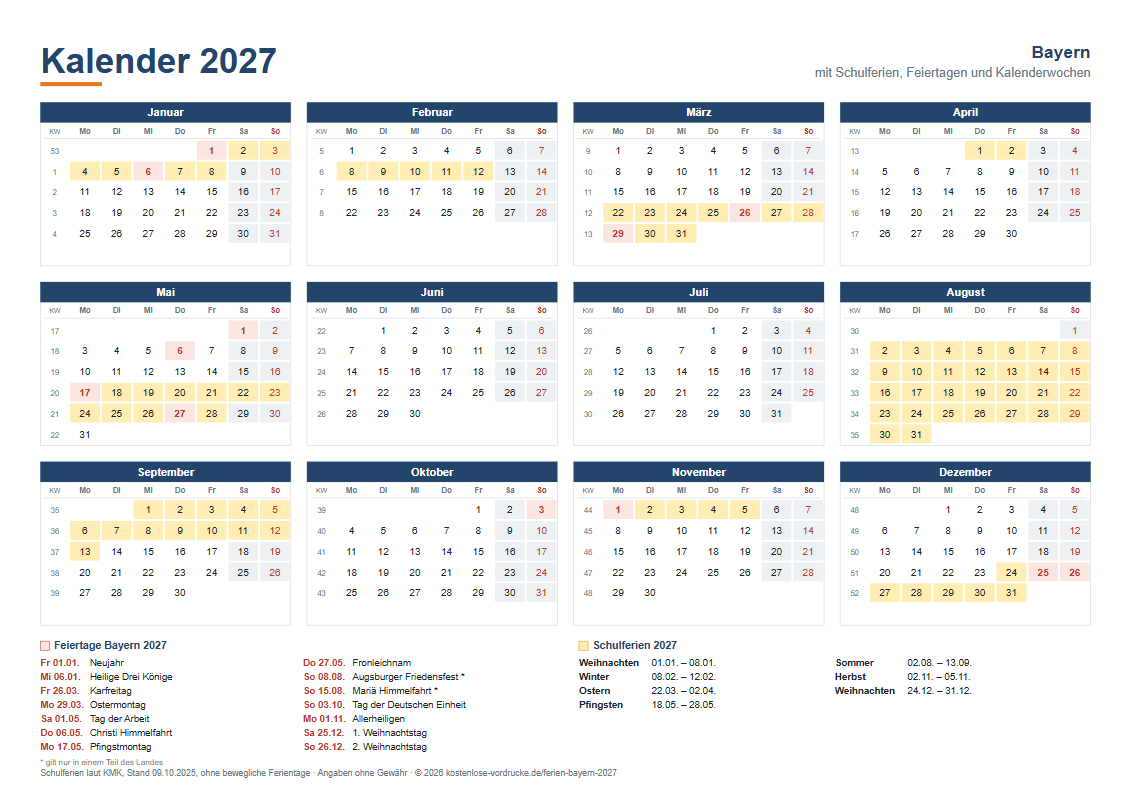 Kalender 2027 Bayern mit Ferien, Querformat