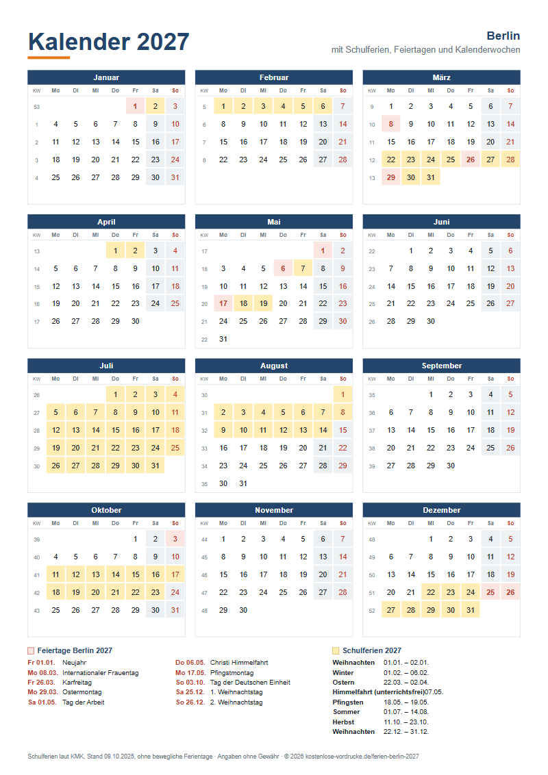 Kalender 2027 Berlin mit Schulferien und Feiertagen zum Ausdrucken, Hochformat
