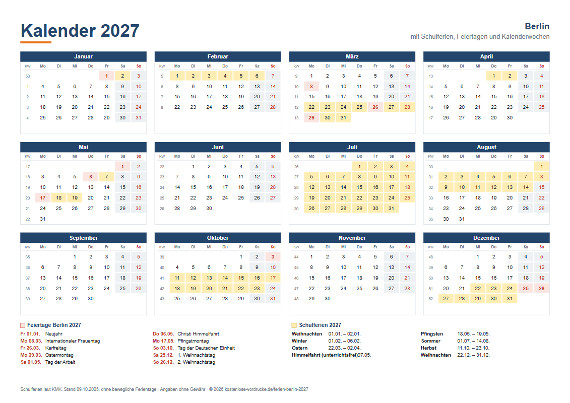 Kalender 2027 Berlin mit Ferien, Querformat