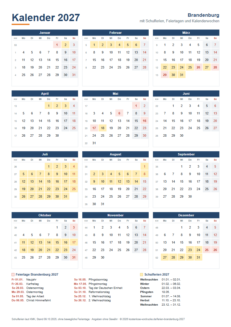 Kalender 2027 Brandenburg mit Schulferien und Feiertagen zum Ausdrucken, Hochformat