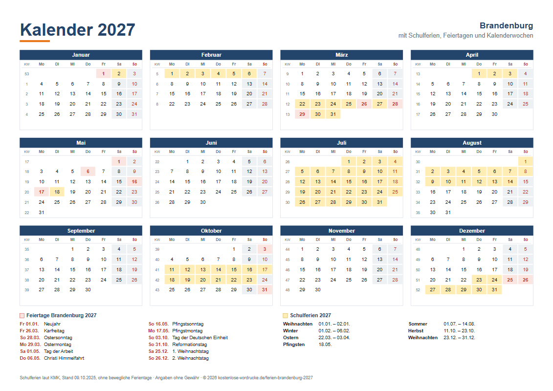Kalender 2027 Brandenburg mit Ferien, Querformat