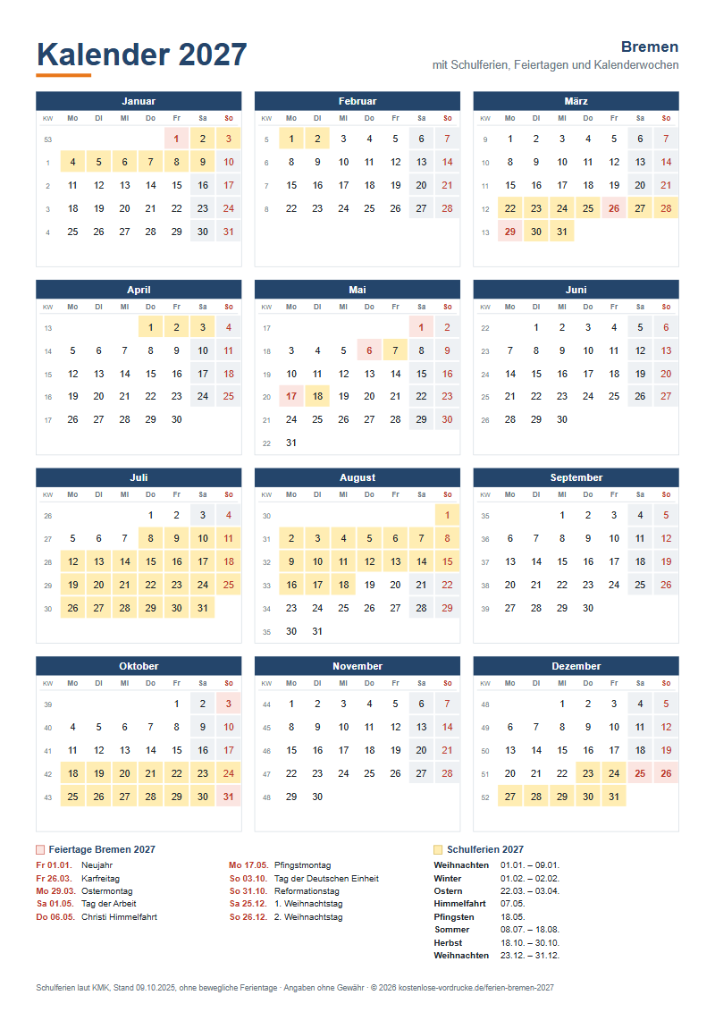 Kalender 2027 Bremen mit Schulferien und Feiertagen zum Ausdrucken, Hochformat