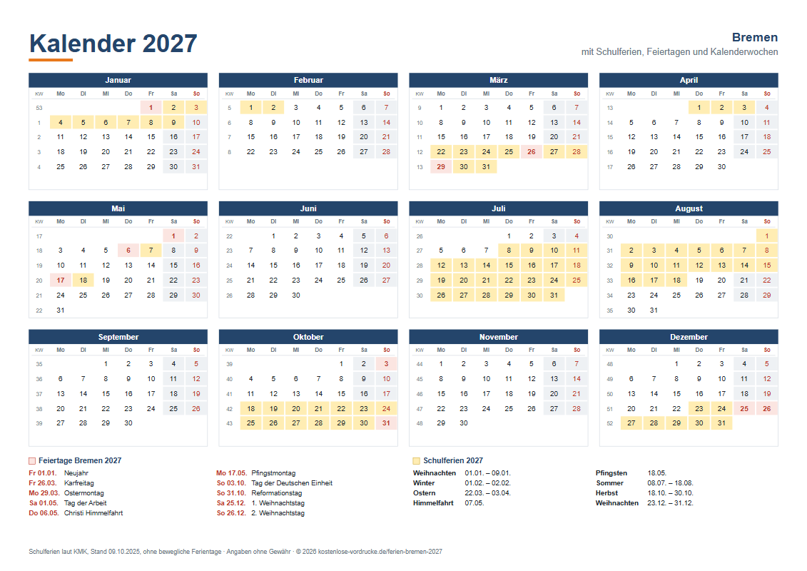 Kalender 2027 Bremen mit Ferien, Querformat