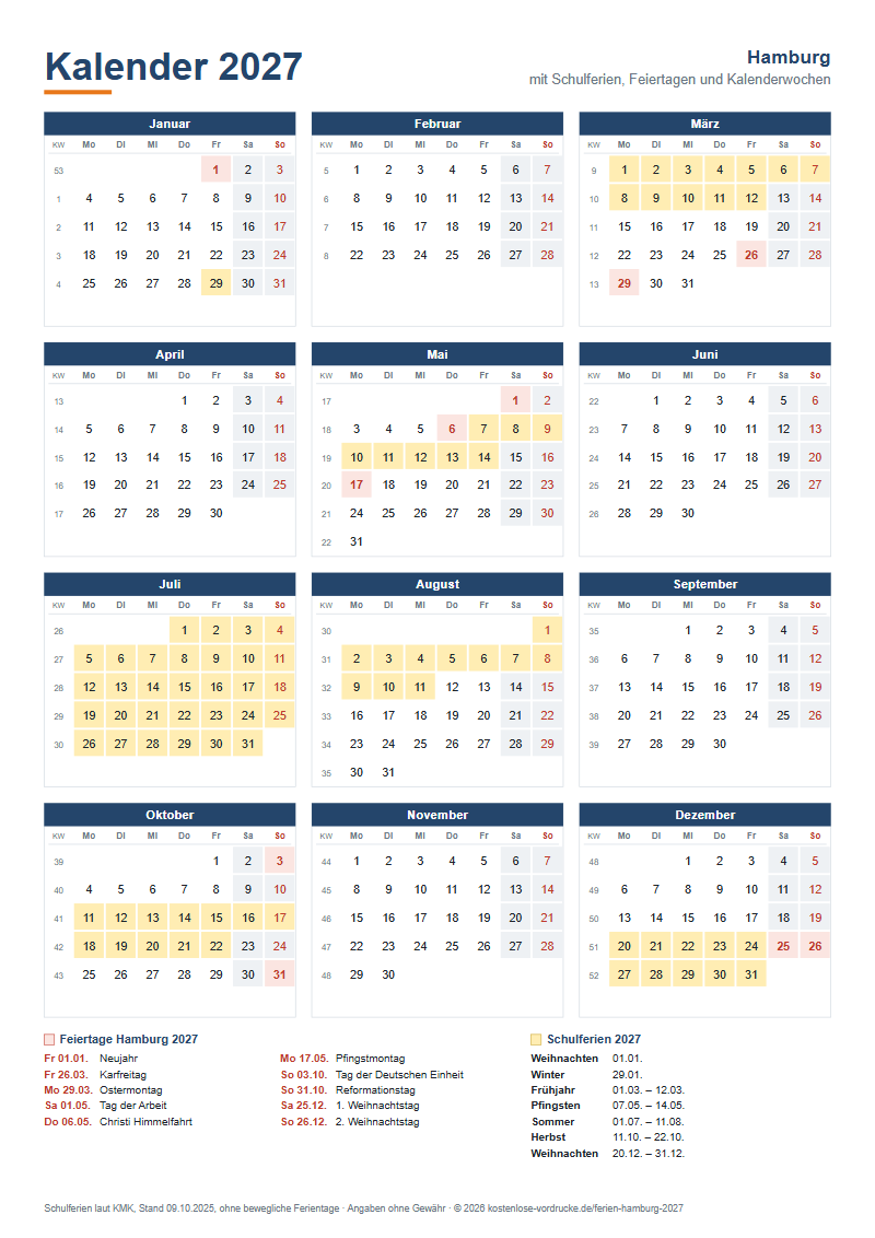 Kalender 2027 Hamburg mit Schulferien und Feiertagen zum Ausdrucken, Hochformat