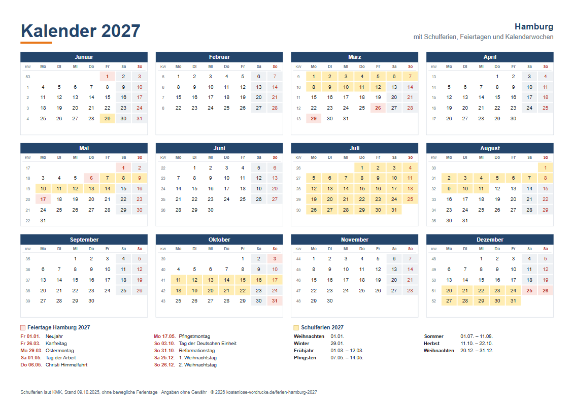 Kalender 2027 Hamburg mit Ferien, Querformat