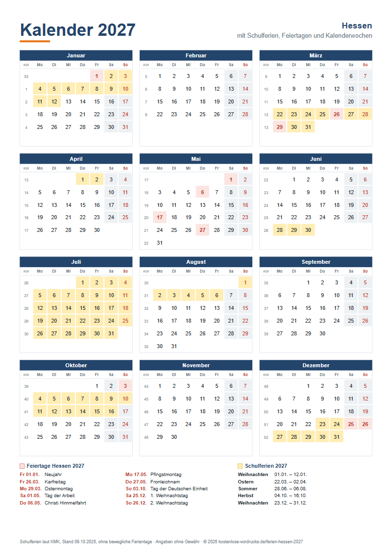 Kalender 2027 Hessen mit Schulferien und Feiertagen zum Ausdrucken, Hochformat