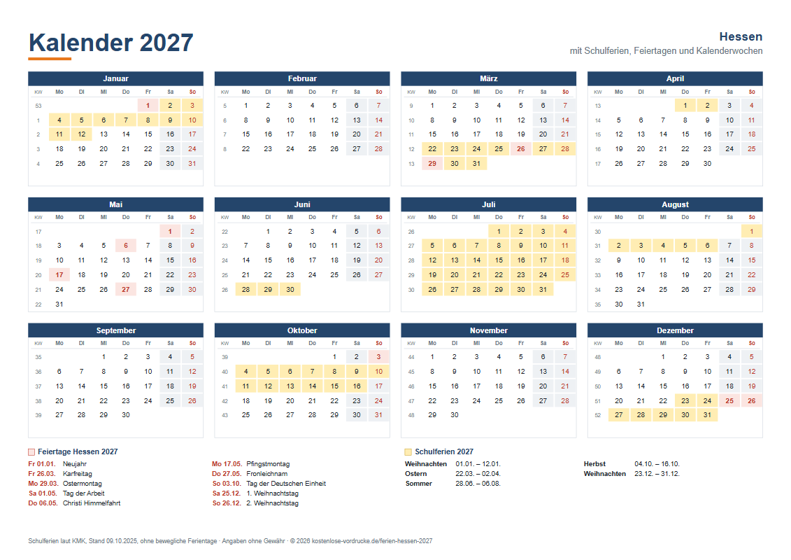 Kalender 2027 Hessen mit Ferien, Querformat