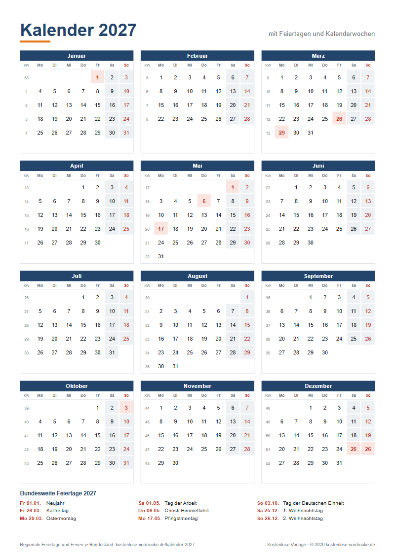 Jahreskalender 2027 zum Ausdrucken im Hochformat mit Feiertagen und Kalenderwochen