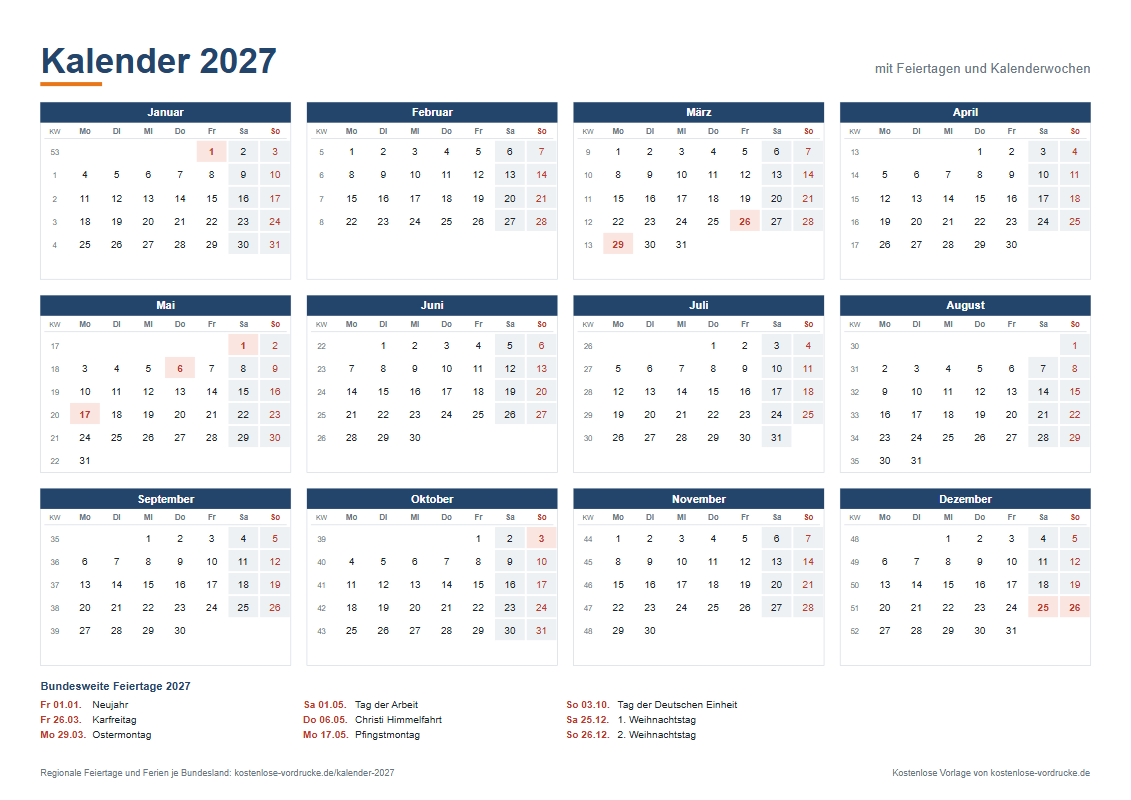 Jahreskalender 2027 zum Ausdrucken im Querformat