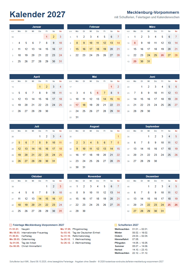 Kalender 2027 Mecklenburg-Vorpommern mit Schulferien und Feiertagen zum Ausdrucken, Hochformat