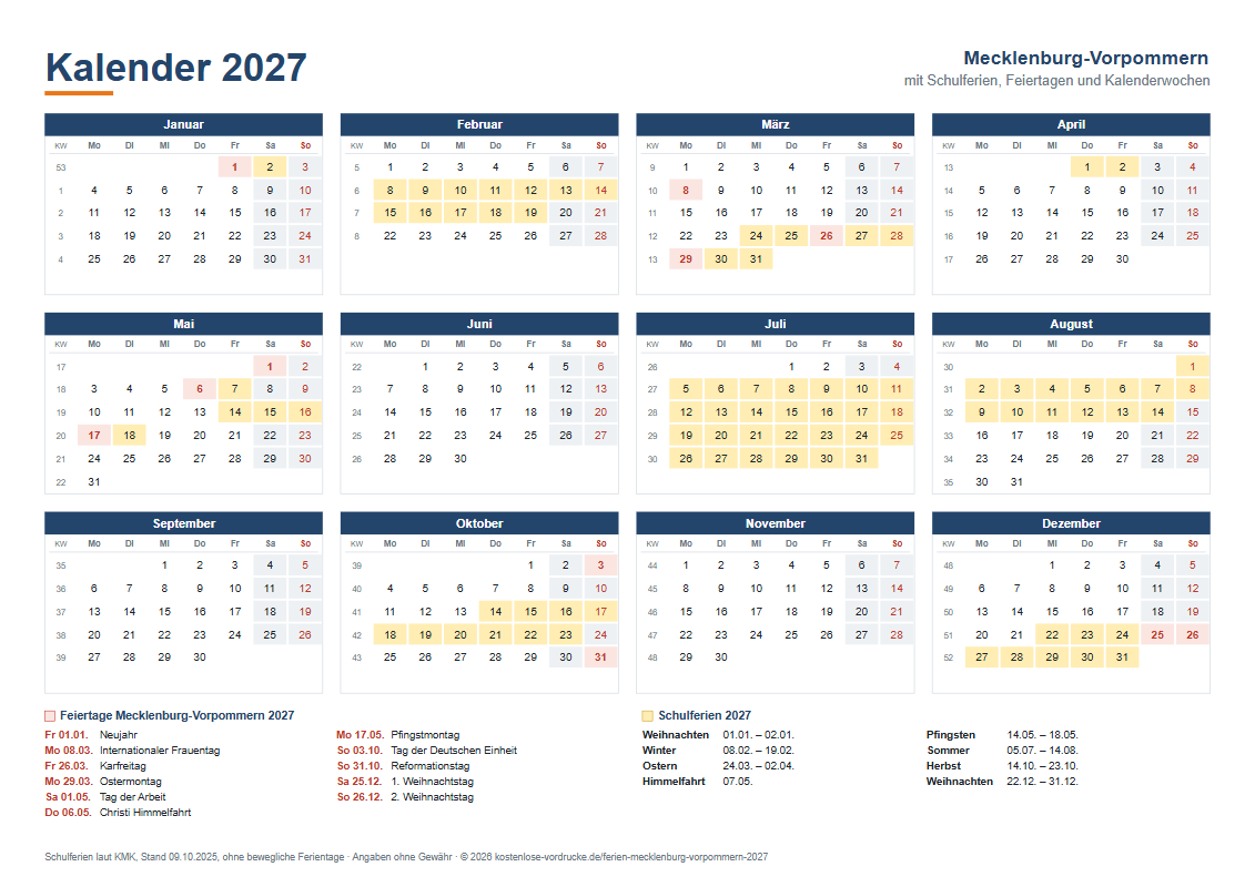 Kalender 2027 Mecklenburg-Vorpommern mit Ferien, Querformat