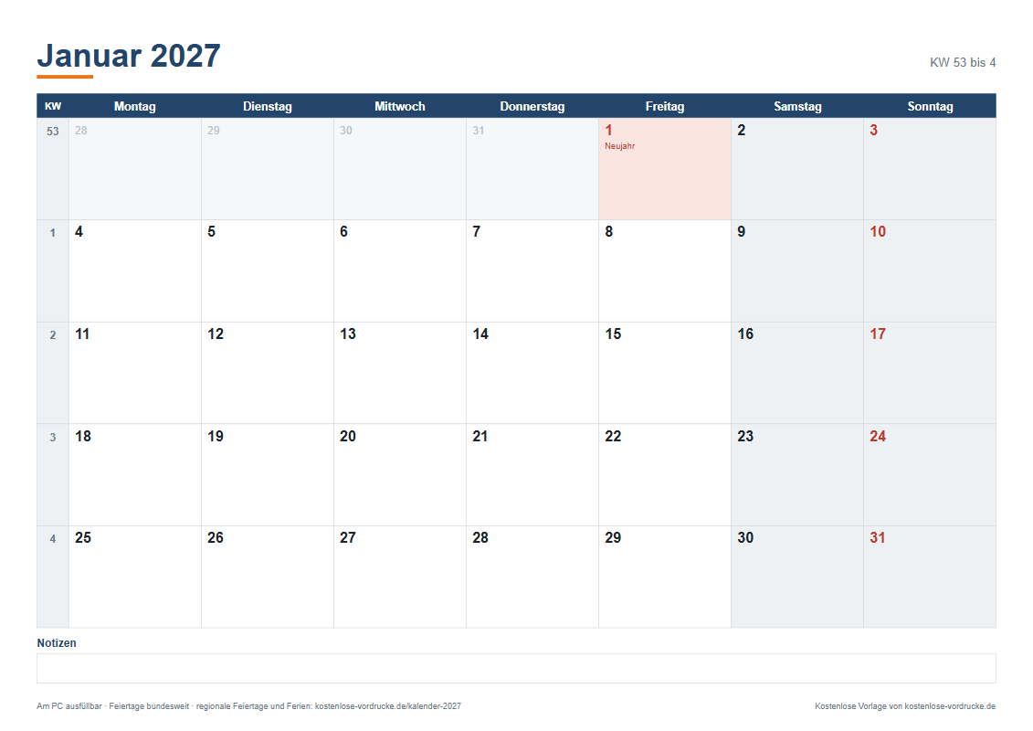 Monatskalender 2027 zum Ausfüllen am PC und zum Ausdrucken