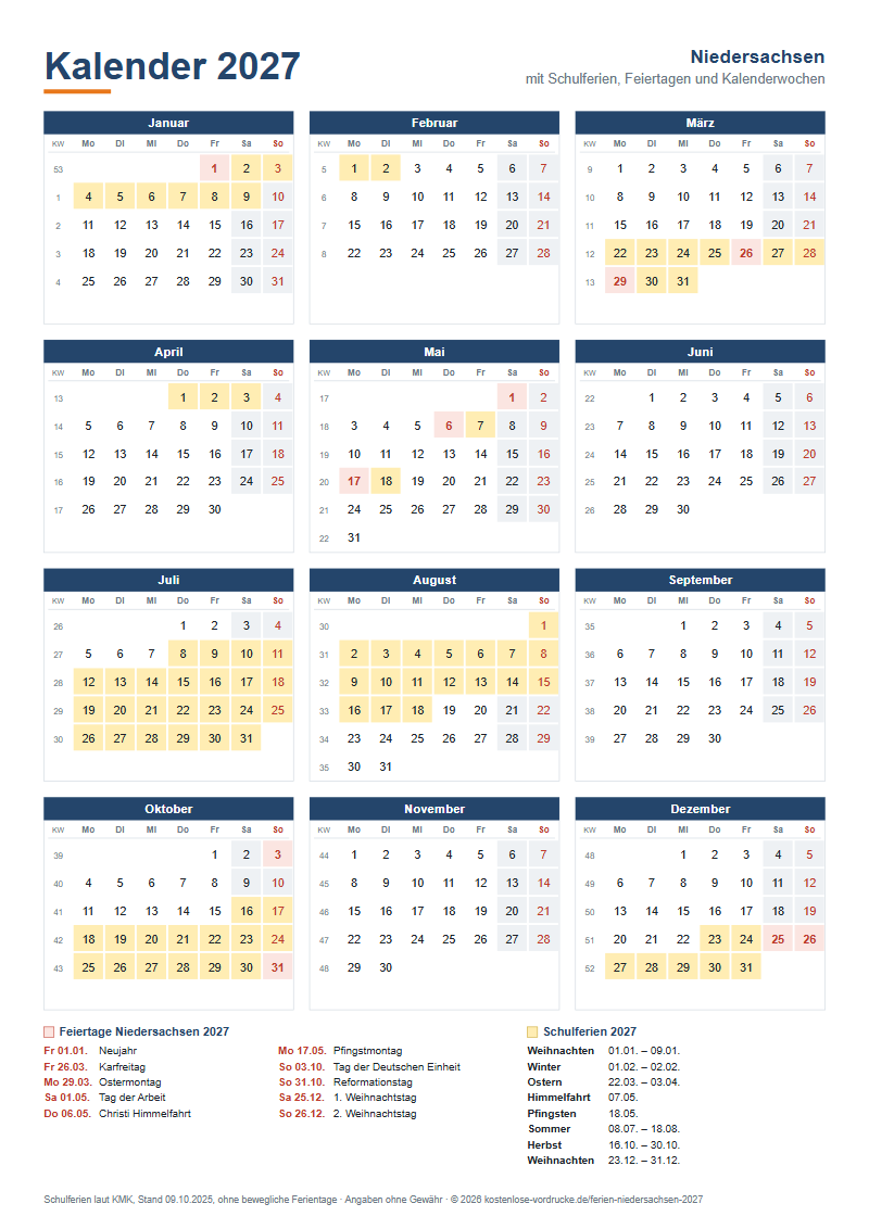 Kalender 2027 Niedersachsen mit Schulferien und Feiertagen zum Ausdrucken, Hochformat
