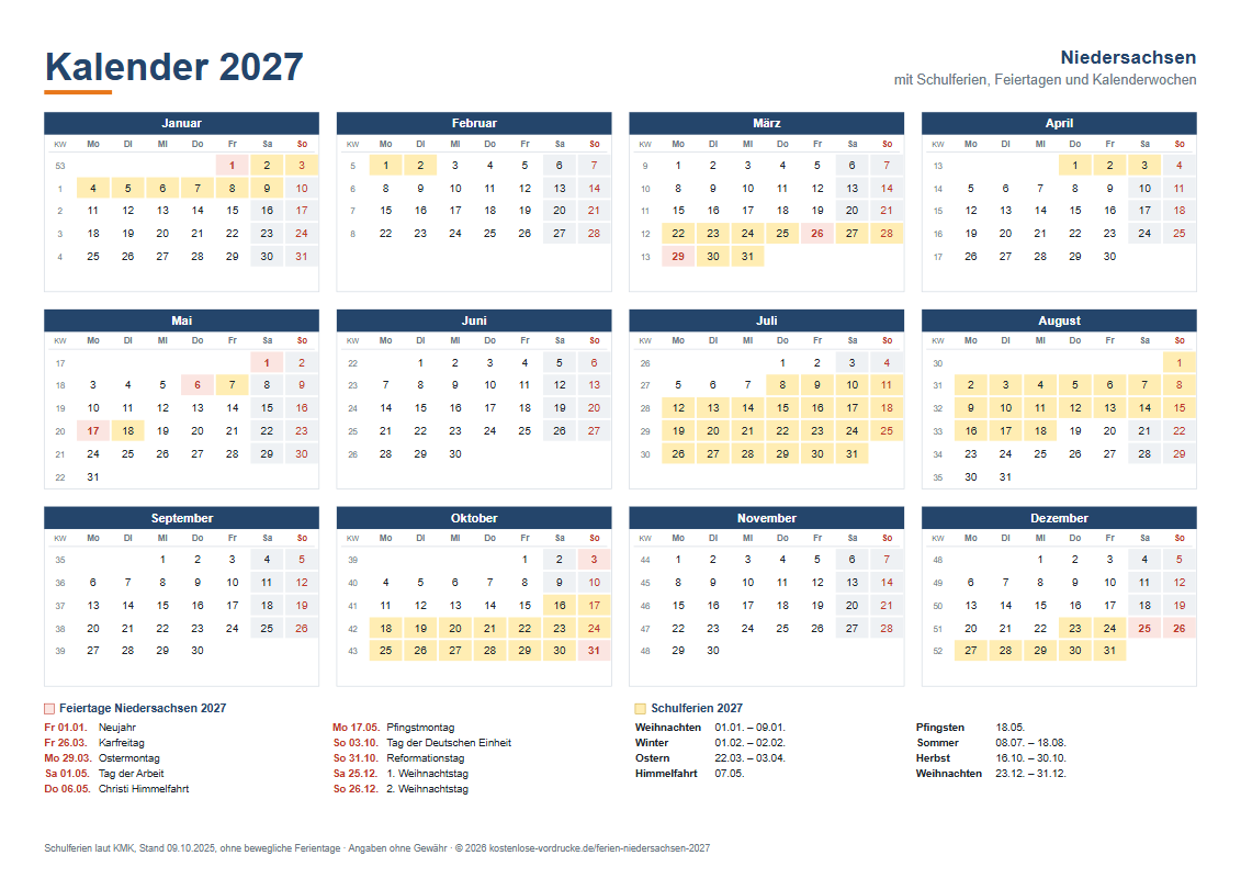 Kalender 2027 Niedersachsen mit Ferien, Querformat