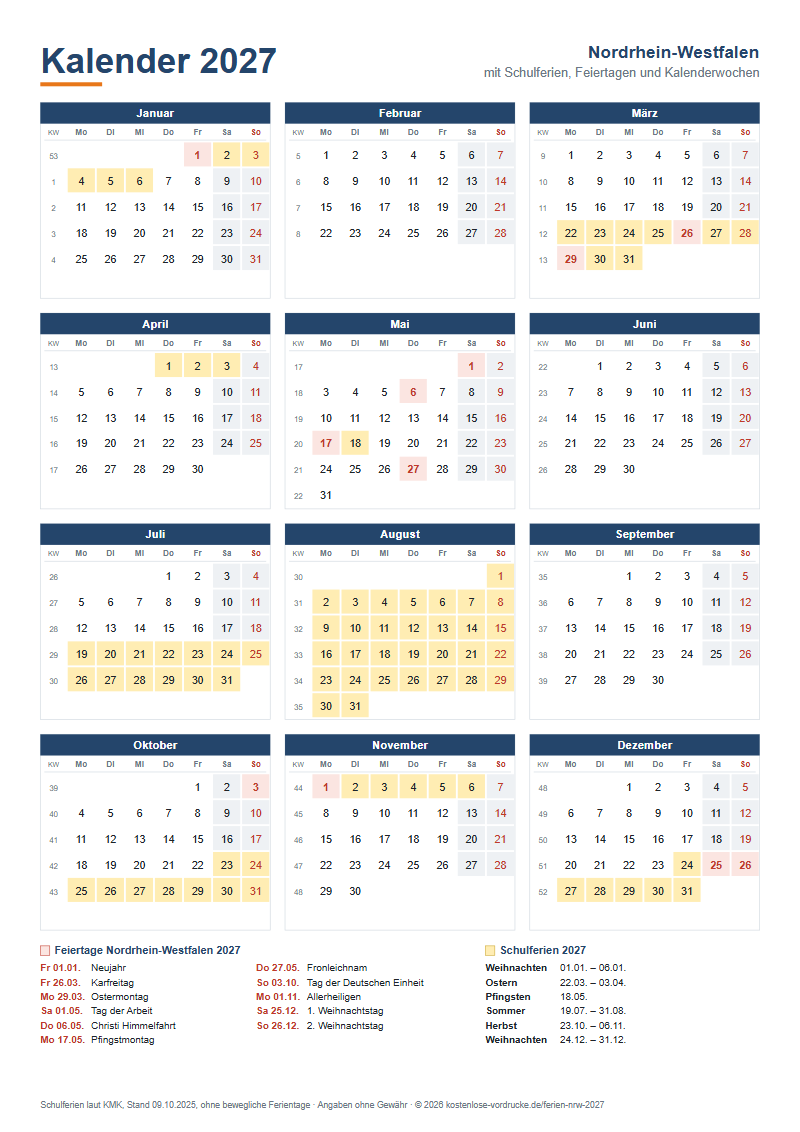Kalender 2027 Nordrhein-Westfalen mit Schulferien und Feiertagen zum Ausdrucken, Hochformat
