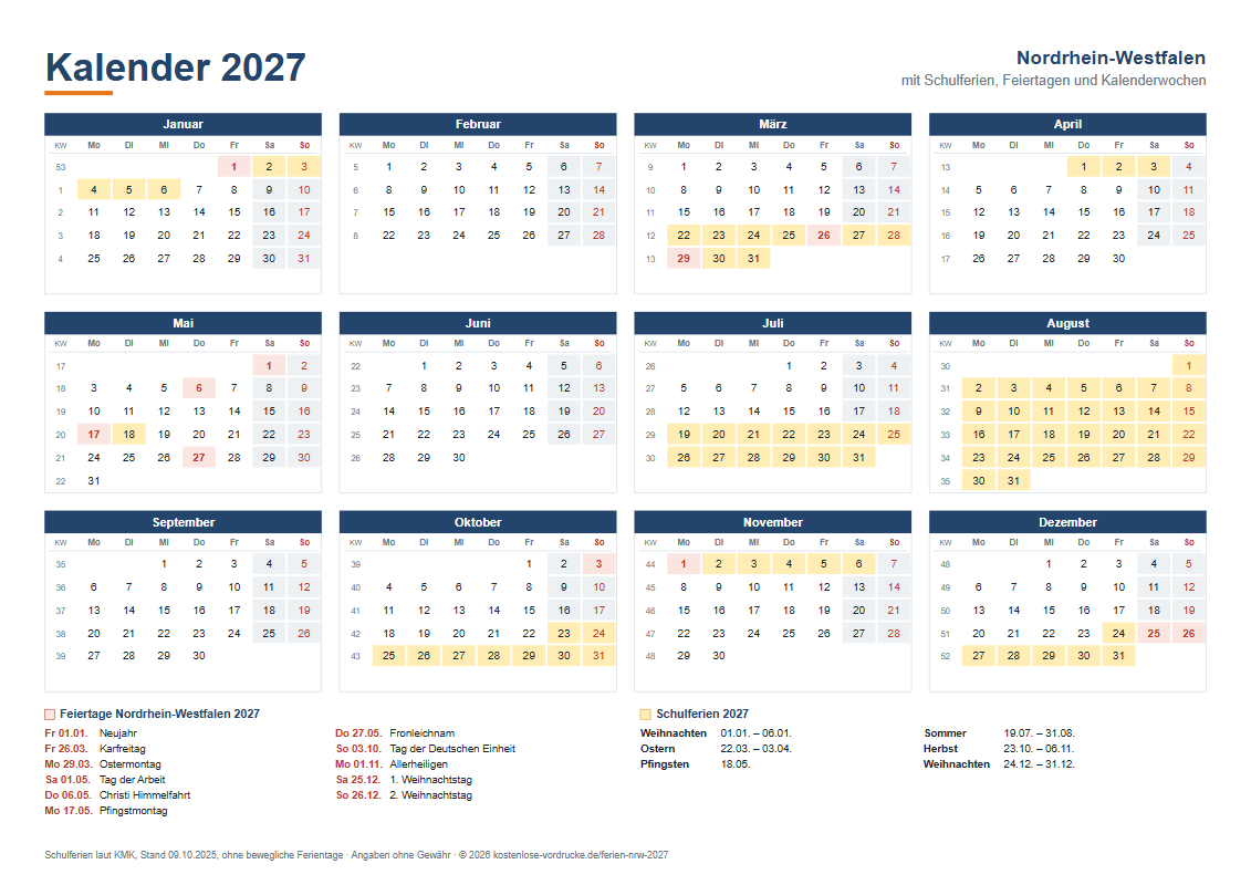 Kalender 2027 Nordrhein-Westfalen mit Ferien, Querformat