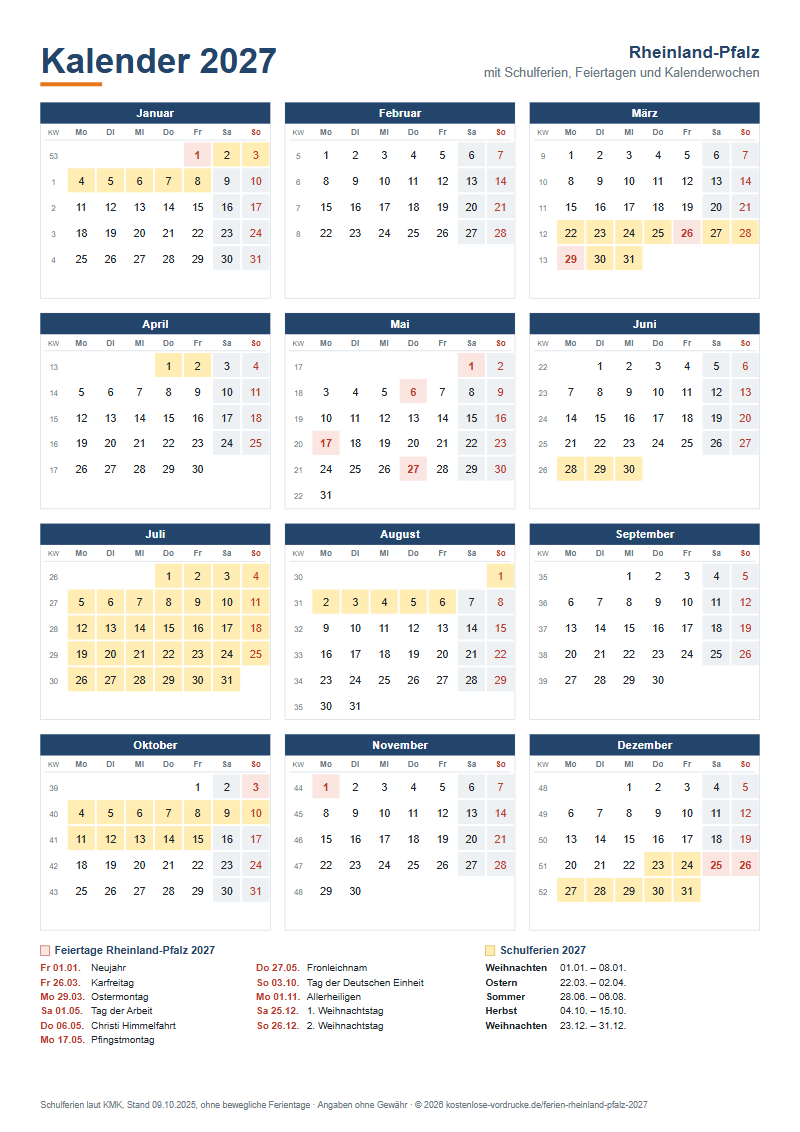 Kalender 2027 Rheinland-Pfalz mit Schulferien und Feiertagen zum Ausdrucken, Hochformat