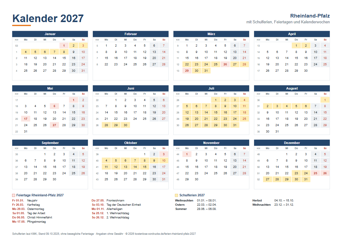 Kalender 2027 Rheinland-Pfalz mit Ferien, Querformat