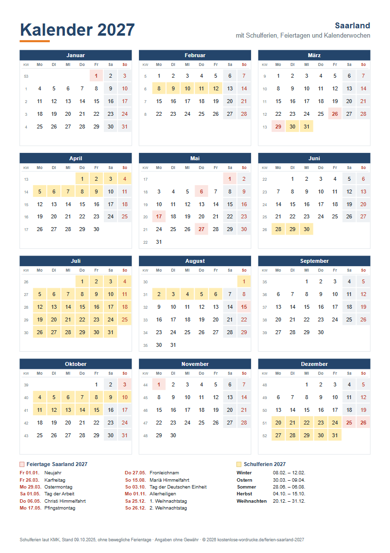 Kalender 2027 Saarland mit Schulferien und Feiertagen zum Ausdrucken, Hochformat