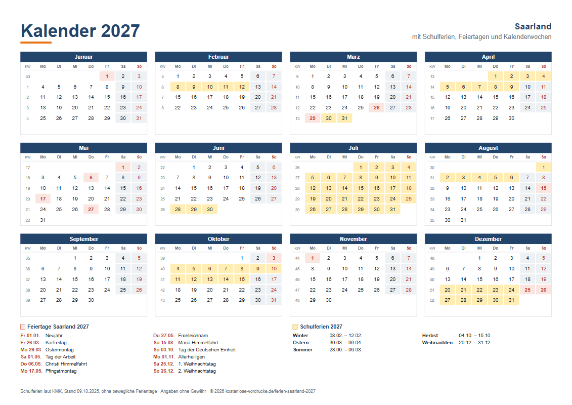 Kalender 2027 Saarland mit Ferien, Querformat