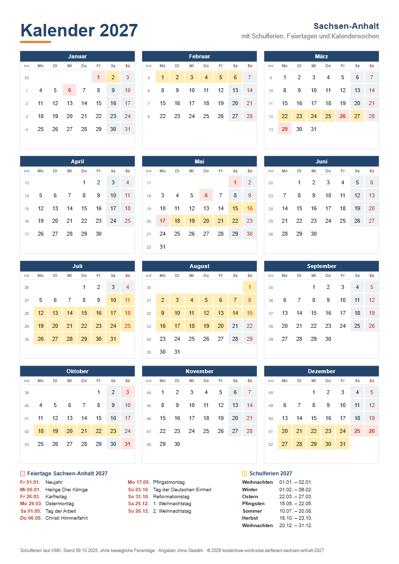 Kalender 2027 Sachsen-Anhalt mit Schulferien und Feiertagen zum Ausdrucken, Hochformat