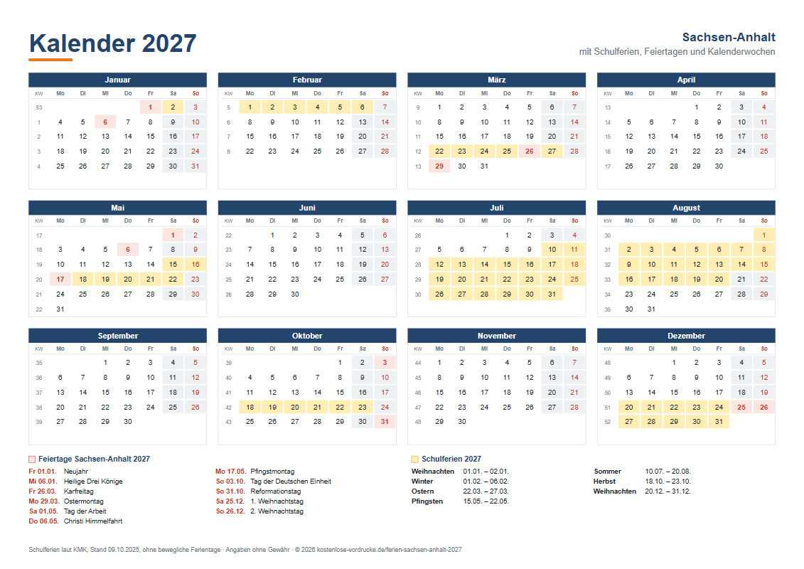 Kalender 2027 Sachsen-Anhalt mit Ferien, Querformat
