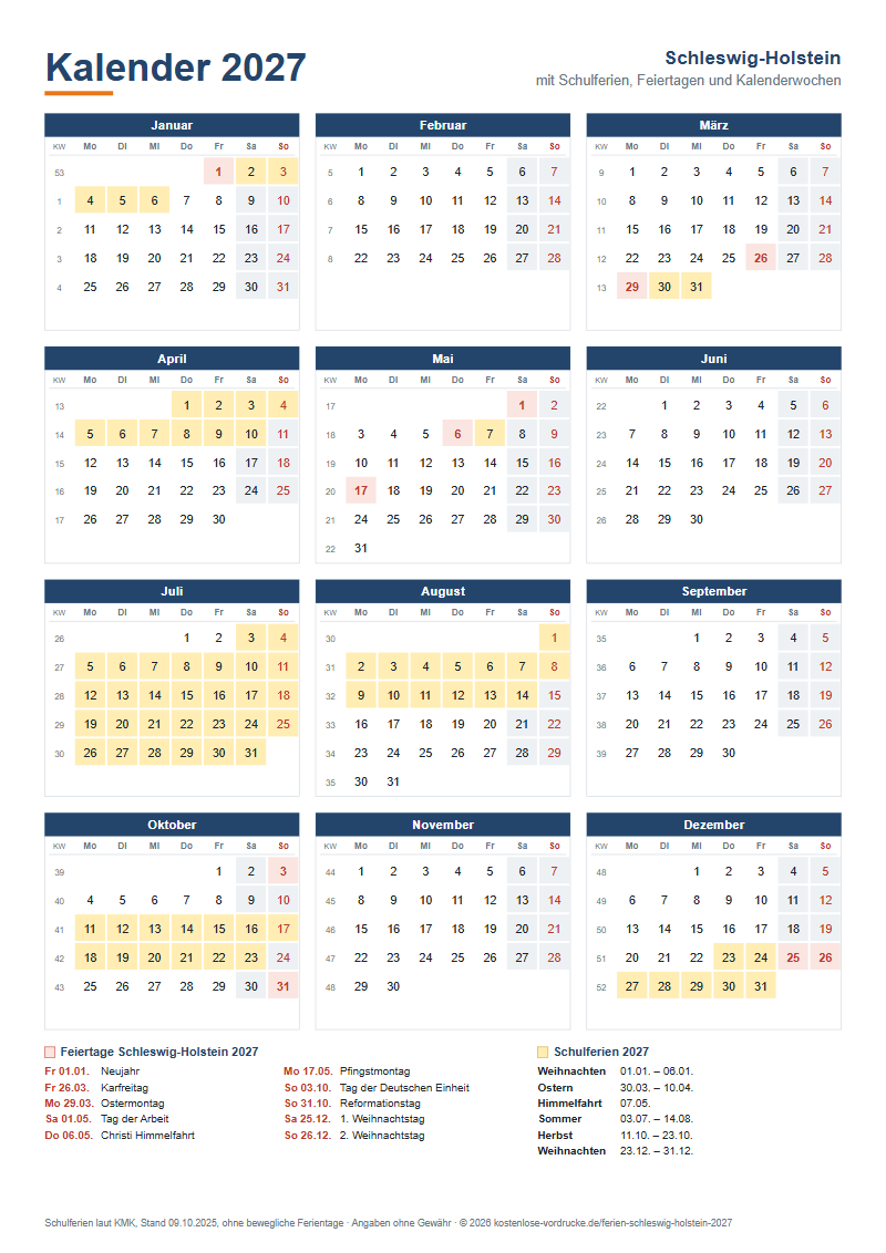 Kalender 2027 Schleswig-Holstein mit Schulferien und Feiertagen zum Ausdrucken, Hochformat