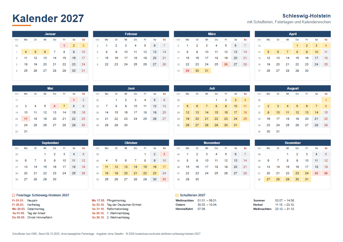 Kalender 2027 Schleswig-Holstein mit Ferien, Querformat