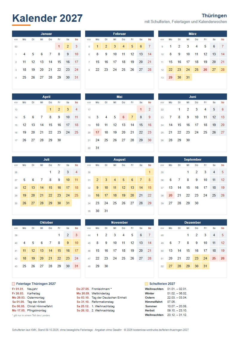 Kalender 2027 Thüringen mit Schulferien und Feiertagen zum Ausdrucken, Hochformat