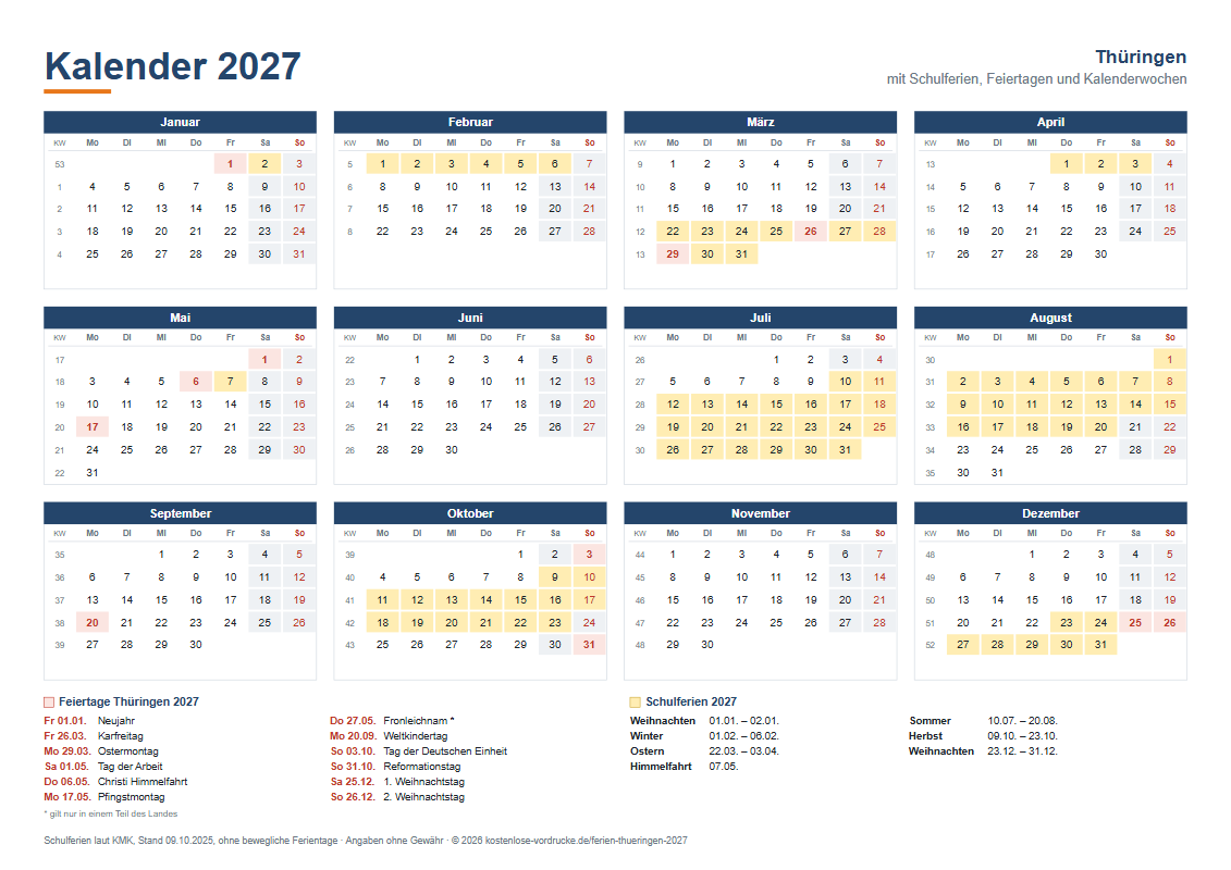 Kalender 2027 Thüringen mit Ferien, Querformat