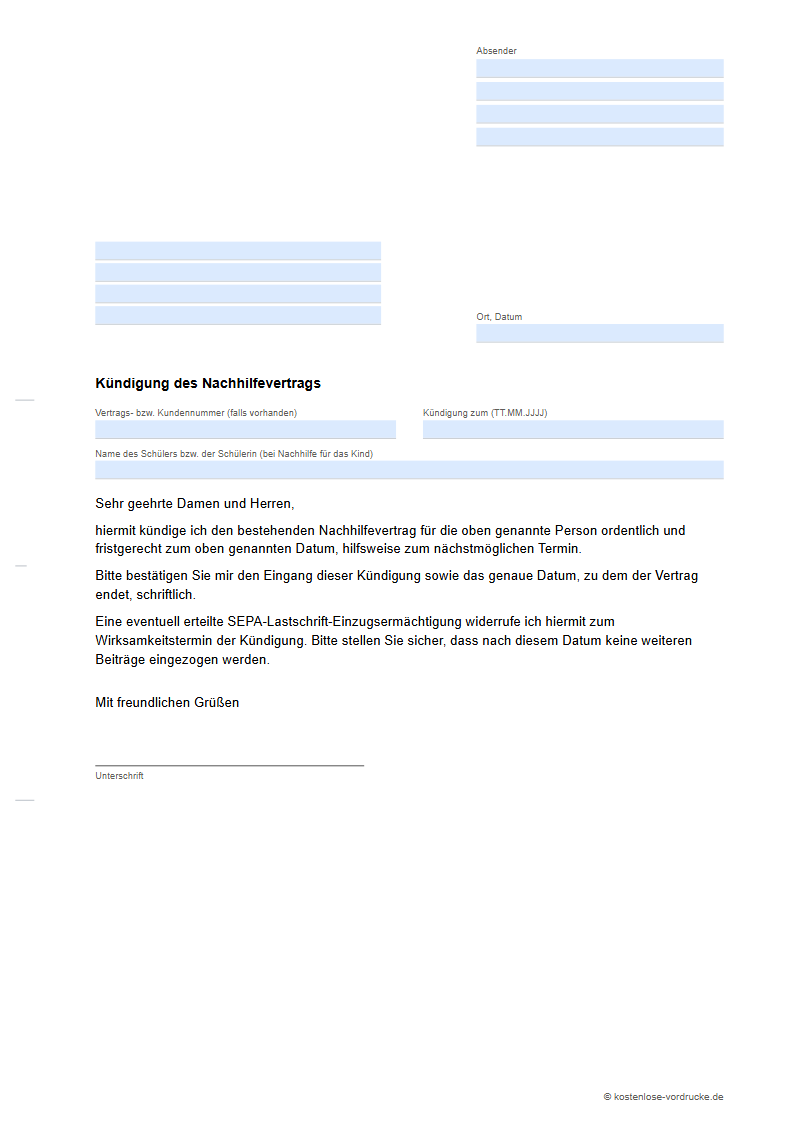 Vordruck Kündigung Nachhilfevertrag als PDF zum Ausfüllen