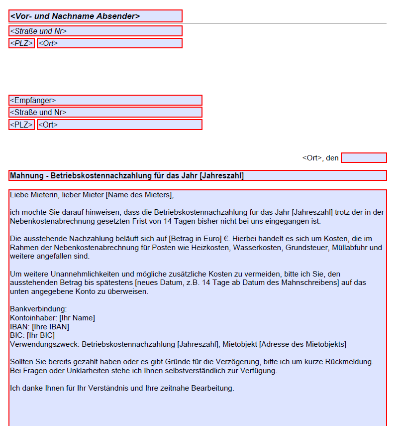 Mahnung Betriebskostennachzahlung PDFAnschreiben für Vermieter an Mieter Kostenlose Vordrucke