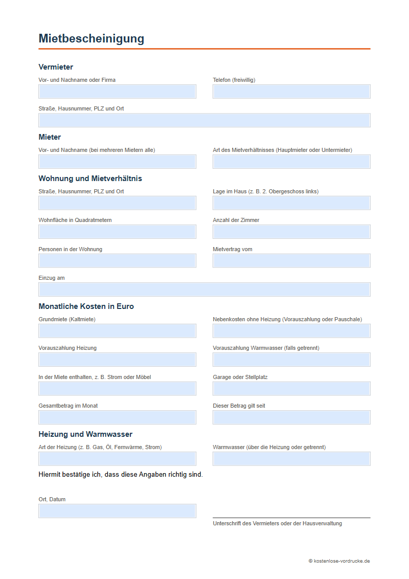 Mietbescheinigung: Vorlage zum Ausfüllen – Vorschau des PDF-Vordrucks