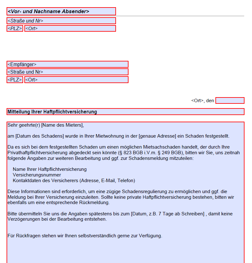 Mietsachschaden Anforderung Haftpflichtversicherung