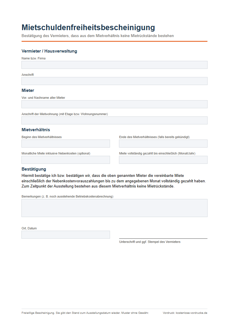 Vordruck Mietschuldenfreiheitsbescheinigung als PDF zum Ausfüllen