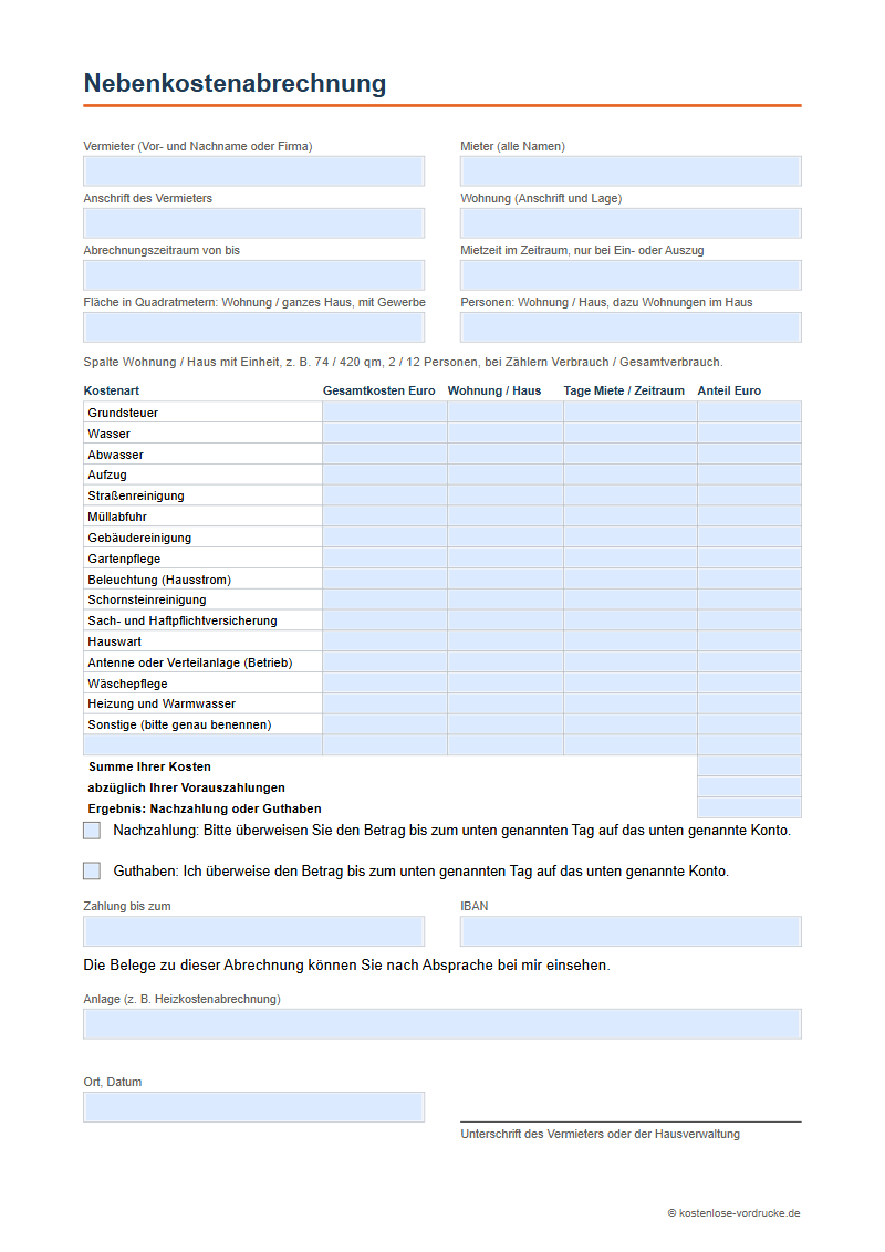 Nebenkostenabrechnung: Vorlage zum Ausfüllen und Berechnen – Vorschau des PDF-Vordrucks