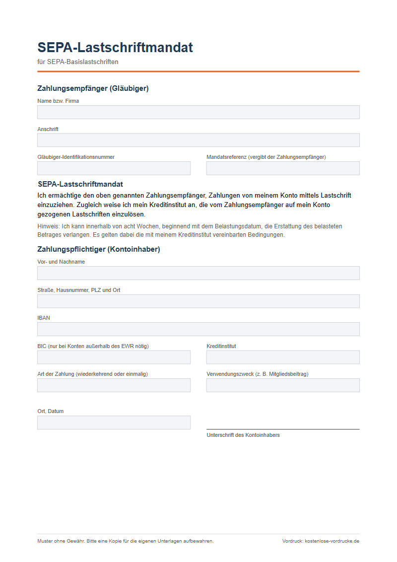 Vordruck SEPA-Lastschriftmandat als PDF zum Ausfüllen