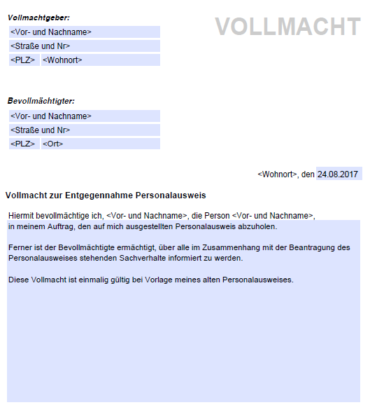 Vollmacht Abholung Personalausweis