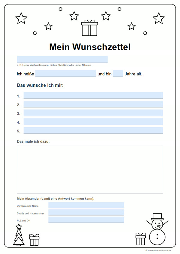 Wunschzettel zum Ausmalen: schwarz-weiße A4-Vorlage mit Weihnachtsbaum, Schneemann und Geschenken