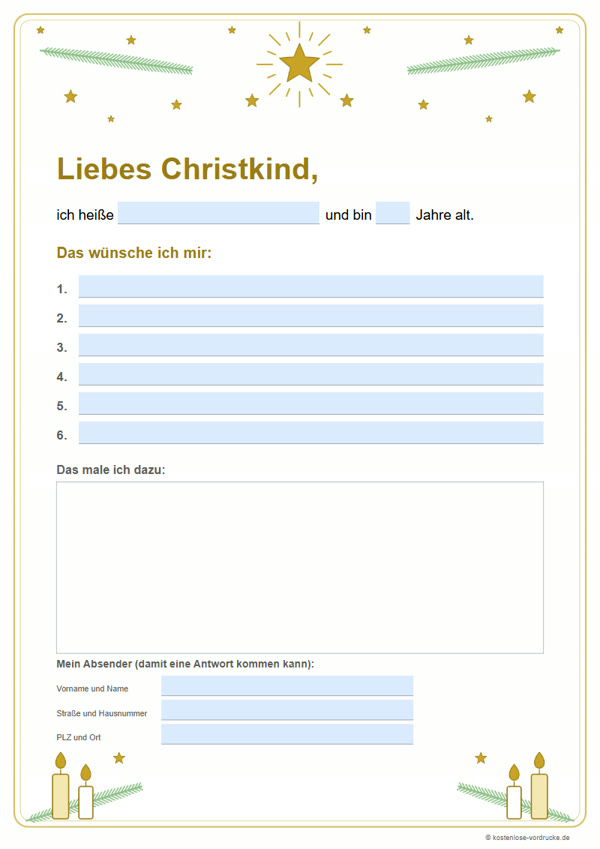 Wunschzettel an das Christkind zum Ausdrucken: A4-Vorlage mit goldenen Sternen und Kerzen