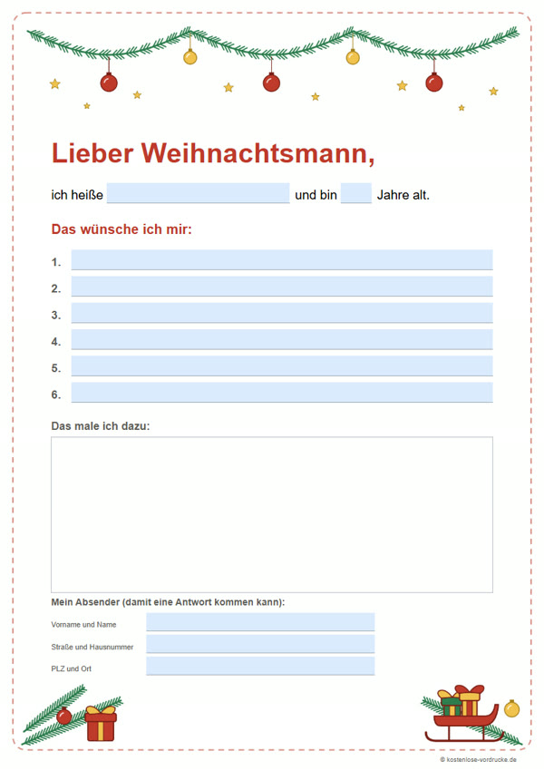Wunschzettel-Vorlage zum Ausdrucken – Vorschau des PDF-Vordrucks